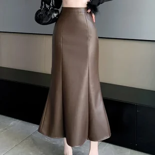 Elegancka spódnica midi skórzana - Brązowy - Spódnice - miniaturka - grafika 1