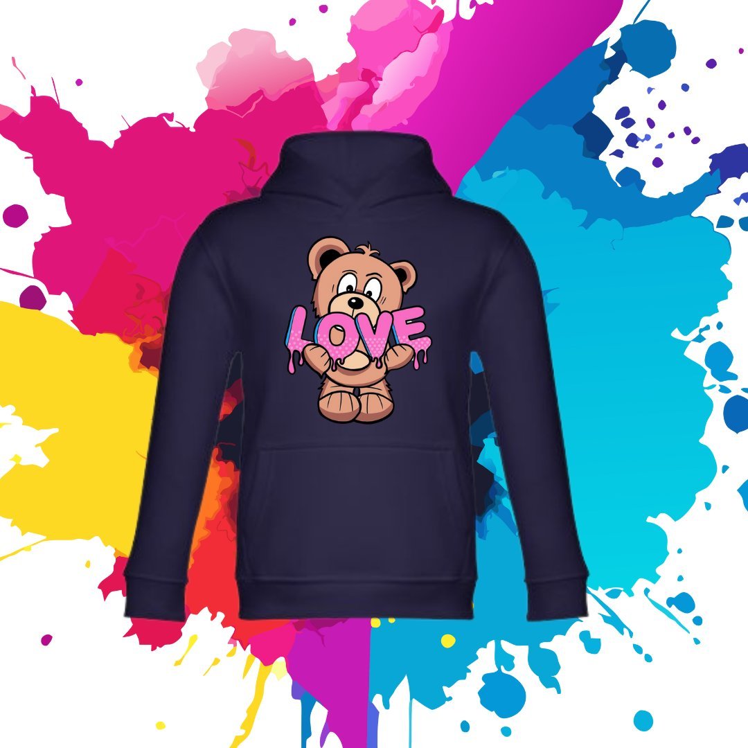 Bluza dziecięca typu kangurka z kapturem w kolorze granatowym z nadrukiem miś Love 2 lata