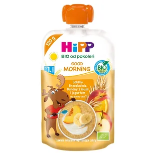 Hipp Good Morning Mus owocowy jabłka brzoskwinie banany z musli i jogurtem po 1. roku 120 g Bio - jedzenie - Desery dla dzieci - miniaturka - grafika 1
