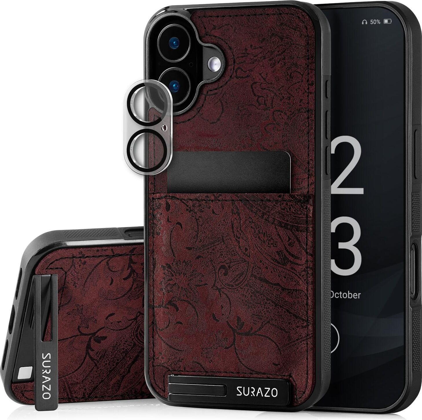 Etui SURAZO z prawdziwej skóry do Apple iPhone 16 - odporne na wstrząsy skórzane etui na telefon komórkowy [szkło ochronne aparatu, gniazdo kart, funkcja podstawki,