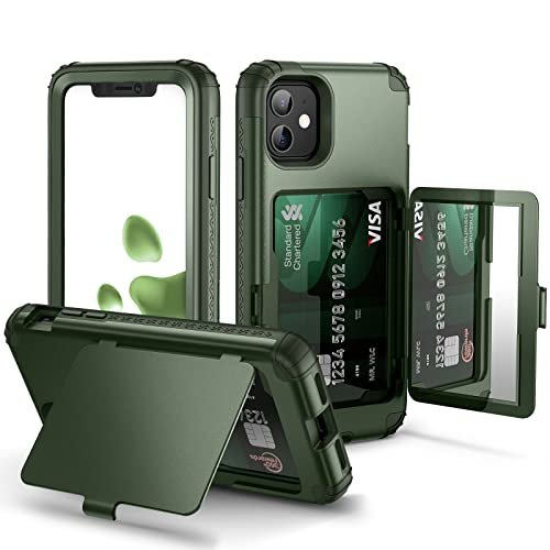 WeLoveCase Etui portfelowe na iPhone'a 11 dla kobiet, etui z ukrytym lustrem, trzywarstwowe, odporne na wstrząsy, wytrzymała ochrona, kompleksowe etui ochronne na iPhone'a 11, zielone