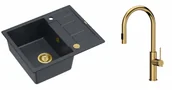 Zlewozmywaki z baterią - Quadron Unique Zlewozmywak granitowy jednokomorowy 62*50*22 cm z ociekaczem MORGAN 116 BLACK DIAMOND z syfonem Push-2-Open w kolorze złotym z baterią JENNIFER Q LINE SLIM z wyciąganą wylewką i funkcją prysznica kolor złoty - miniaturka - grafika 1