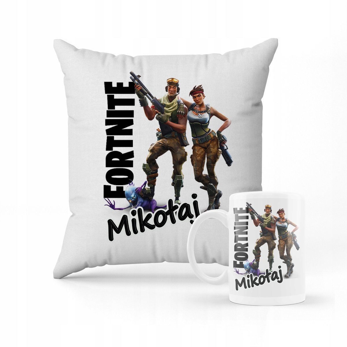 ZESTAW PODUSZKA + KUBEK PREZENT DLA DZIECKA FORTNITE GRA + IMIĘ 2