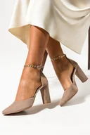 Czółenka - Beżowe czółenka skórzane damskie na słupku ze złotym łańcuszkiem wokół kostki PRODUKT POLSKI Casu 2447-308 - miniaturka - grafika 1