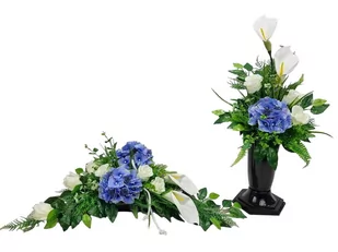 CALLA HORTENSJE niebieskie (1920.2) KOMPLET stroik + bukiet z wkładem na grób cmentarz - Sztuczne kwiaty - miniaturka - grafika 1