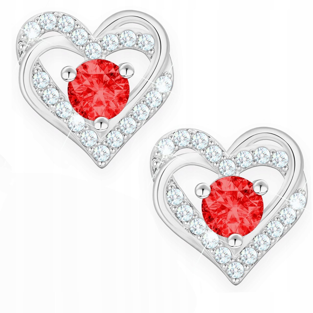 Kolczyki Srebrne Serca Lśniące Serduszka Czerwone Cyrkonie SREBRO 925