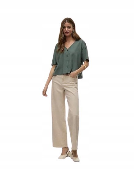 VERO MODA ZIELONA BLUZKA Z KRÓTKIM RĘKAWEM I DEKOLTEM V S 6BA