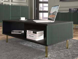 Stolik kawowy RAVENNA A 90x60 cm stelaż CZARNY MAT / ZIELONY Stolik kawowy MDF styl włoski z elementami frezowanymi CIEMNA ZIELEŃ Nogi metalowe w kolorze złotym lub czarnym Metalowe stopki - Ławy i stoliki kawowe - miniaturka - grafika 1