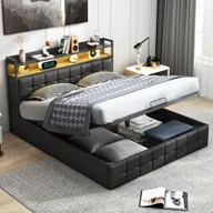 Łóżka - Łóżko tapicerowane Fortuna Lai 160x200cm z USB i gniazdkami, łóżko młodzieżowe podwójne ze stelażem listwowym i schowkiem, łóżko do przechowywania z LED, imitacja skóry, czarne - miniaturka - grafika 1