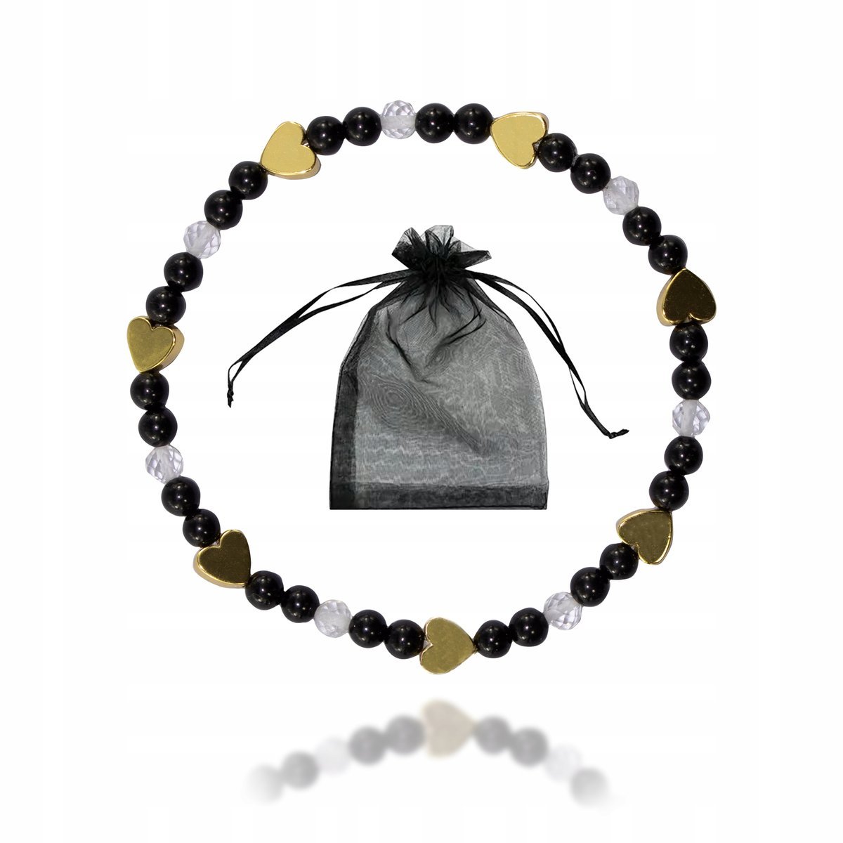 Bransoletka Kamień Czarny Turmalin Kryształ Hematytowe serce na gumce 17cm