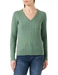 Swetry damskie - GANT Damski sweter ze stretchem Cotton Cable z dekoltem w serek, zielony jadeitowy, standardowy - grafika 1