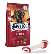 Sucha karma dla psów - Happy Dog Supreme Sensible Africa 12,5kg + MACED Kość Wiązana Biała Bekon 16cm - miniaturka - grafika 1