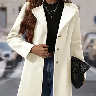 TEMU Elegancki BiaﾅＺ PﾅＢszcz z Polar dla Kobiet - Zapinany na Guziki, Strukturalna Sylwetka w Linii H, Pranie Maszynowe Kurtki Jesienne i Zimowa do - Marynarki i żakiety damskie - miniaturka - grafika 1