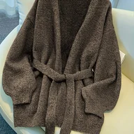 Swetry damskie - TEMU Kardiganowa Kurtka z Paskiem dla Kobiet - Ciemnozielona, Otwarty Kołnierz, Średniej Długości Zimowy Sweter z Regulowanym Wiązaniem w Talii, - miniaturka - grafika 1