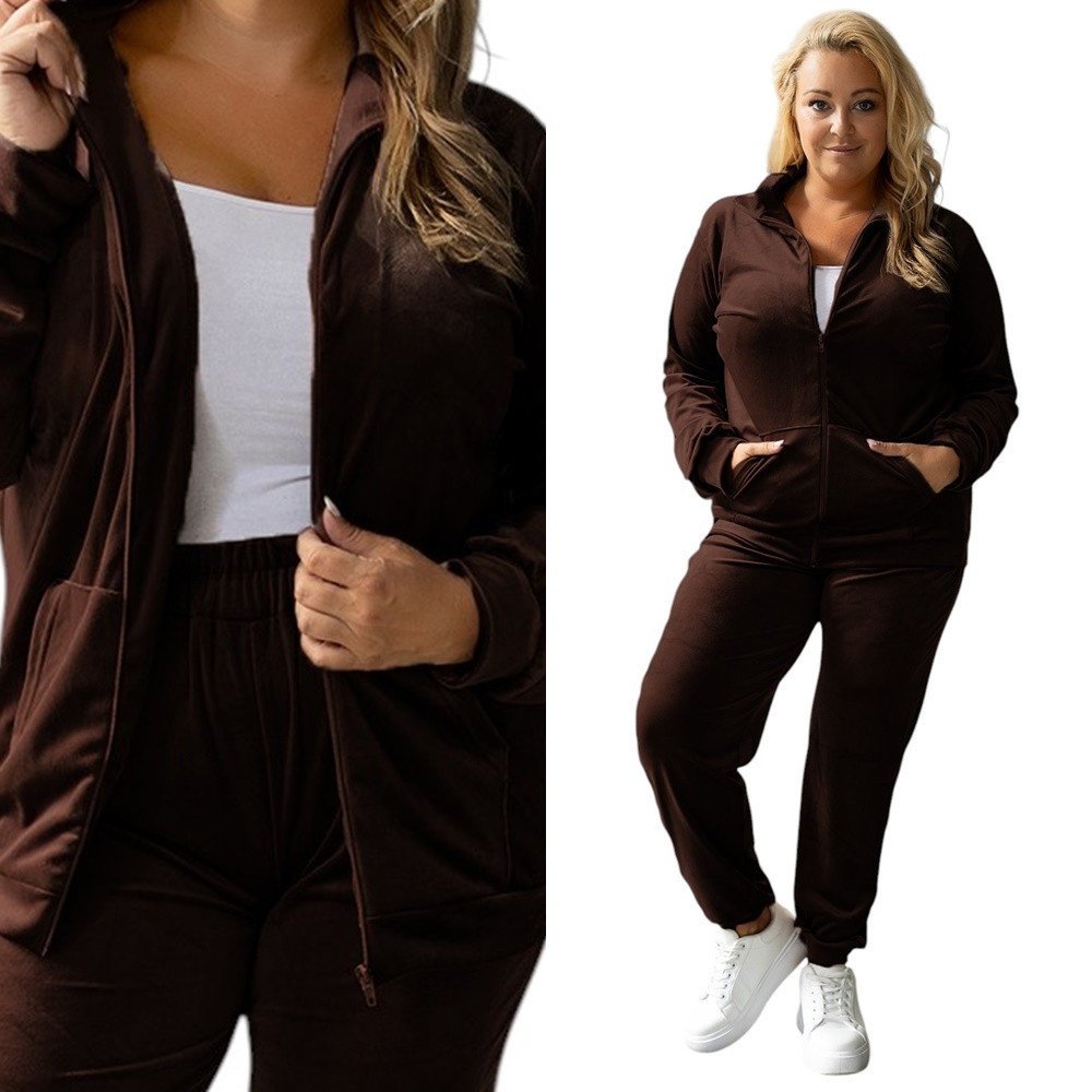 Damski Dres Komplet welurowy bez kaptura 772 [Kolor Brązowy, Rozmiar 4XL/5XL]
