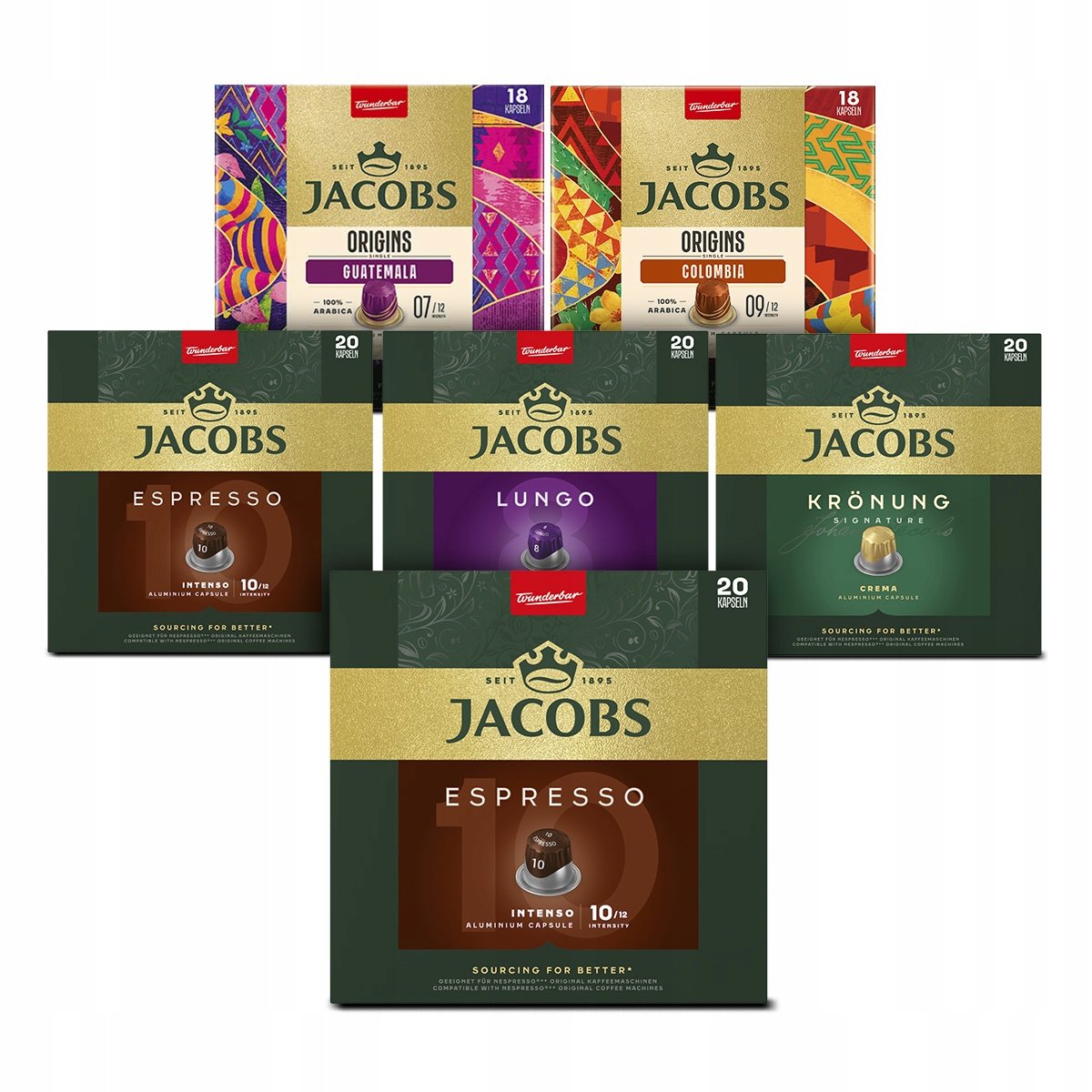 Kapsułki Jacobs do Nespresso Espresso, Signature, Lungo, Origins zestaw mix