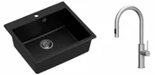 Zlewozmywaki z baterią - Quadron Zlewozmywak granitowy jednokomorowy 57*50*22 cm MORGAN 110 PURE CARBON czarny ze stalowym odpływem z baterią JENNIFER Q LINE SLIM z wyciąganą wylewką i funkcją prysznica kolor stal szczotkowana - miniaturka - grafika 1