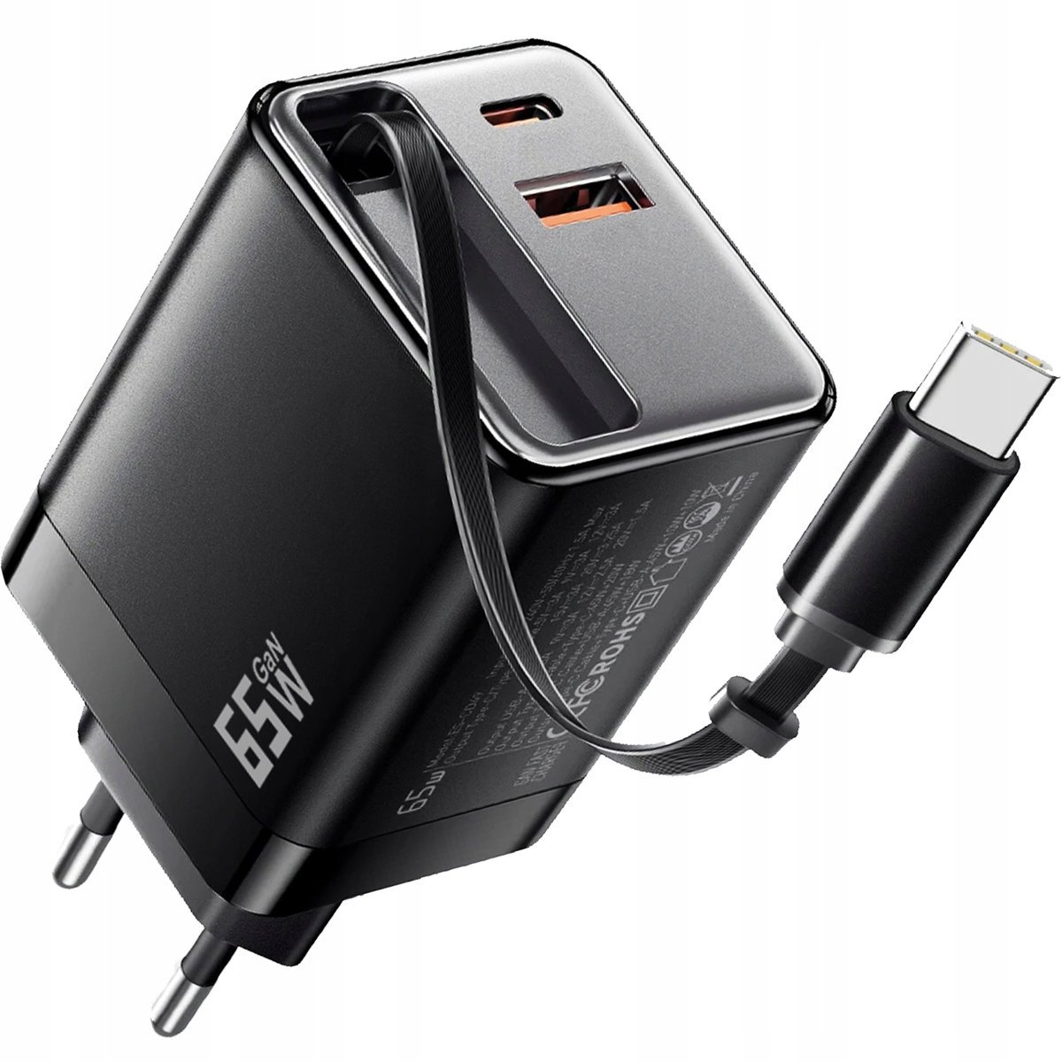 SZYBKA ŁADOWARKA ZASILACZ PD 65W KOSTKA WBUDOWANY ZWIJANY KABEL Koanni
