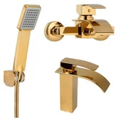 Baterie umywalkowe - Złoty zestaw bateria umywalkowa wannowa słuchawka - Yoka - miniaturka - grafika 1