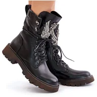 Botki damskie - S.Barski Eko Skórzane Botki Workery Ze Zdobieniem Ocieplane D&A MR880-080 Czarne - miniaturka - grafika 1