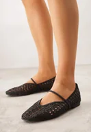 Baleriny - Czarne Ażurowe Balerinki z Imitacji Plecionki z Paskiem Naeraea - miniaturka - grafika 1
