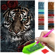 Zabawki kreatywne - Haft Diamentowy ARTULIO, Obraz DIY 5D, Diamond Painting, Mozaika Diamentowa 40X60cm (Tygrys otoczony różami) + Zestaw Akcesoriów - miniaturka - grafika 1