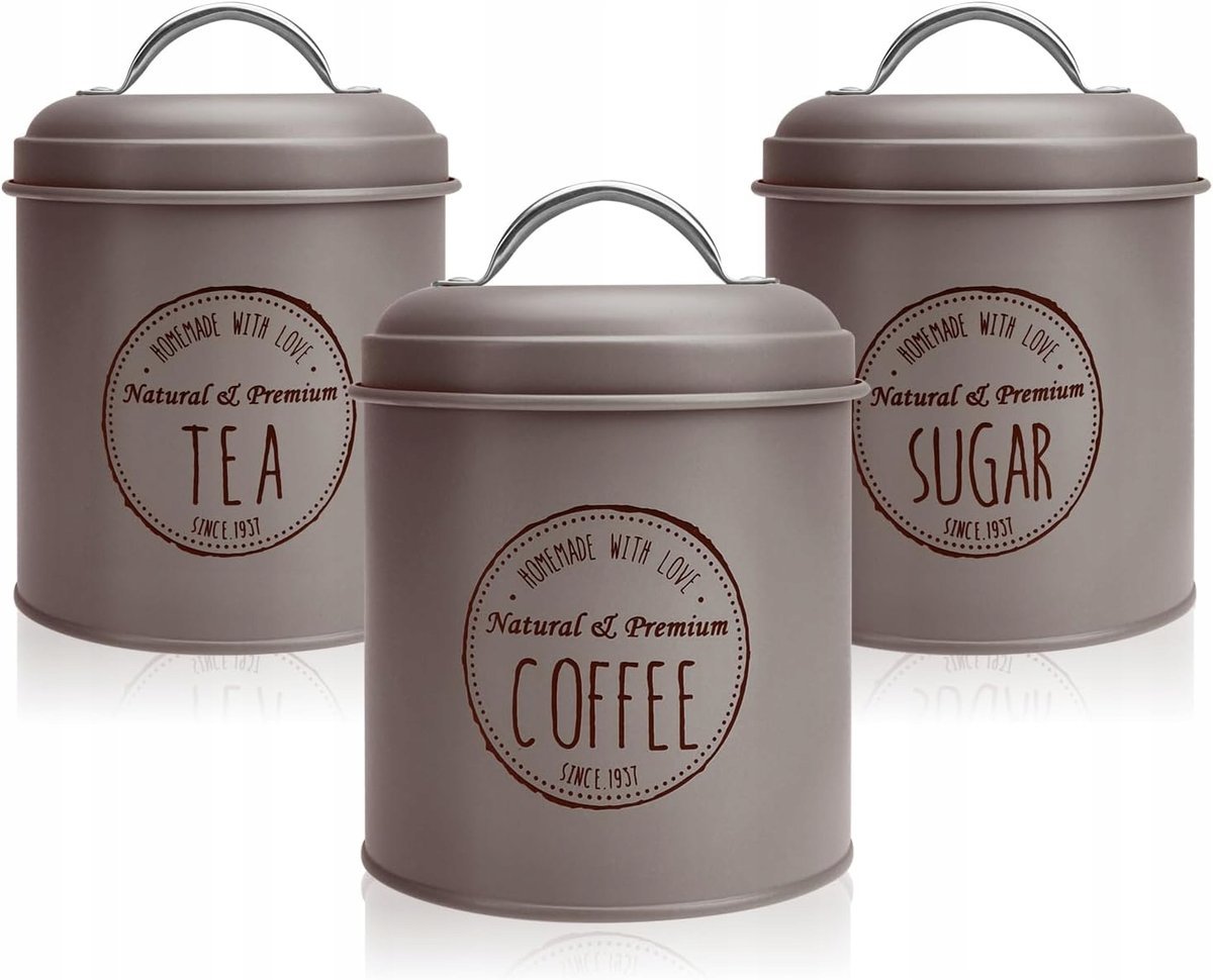 POJEMNIKI KUCHENNE X3 ZESTAW POJEMNIKÓW METALOWE KAWA HERBATA CUKIER