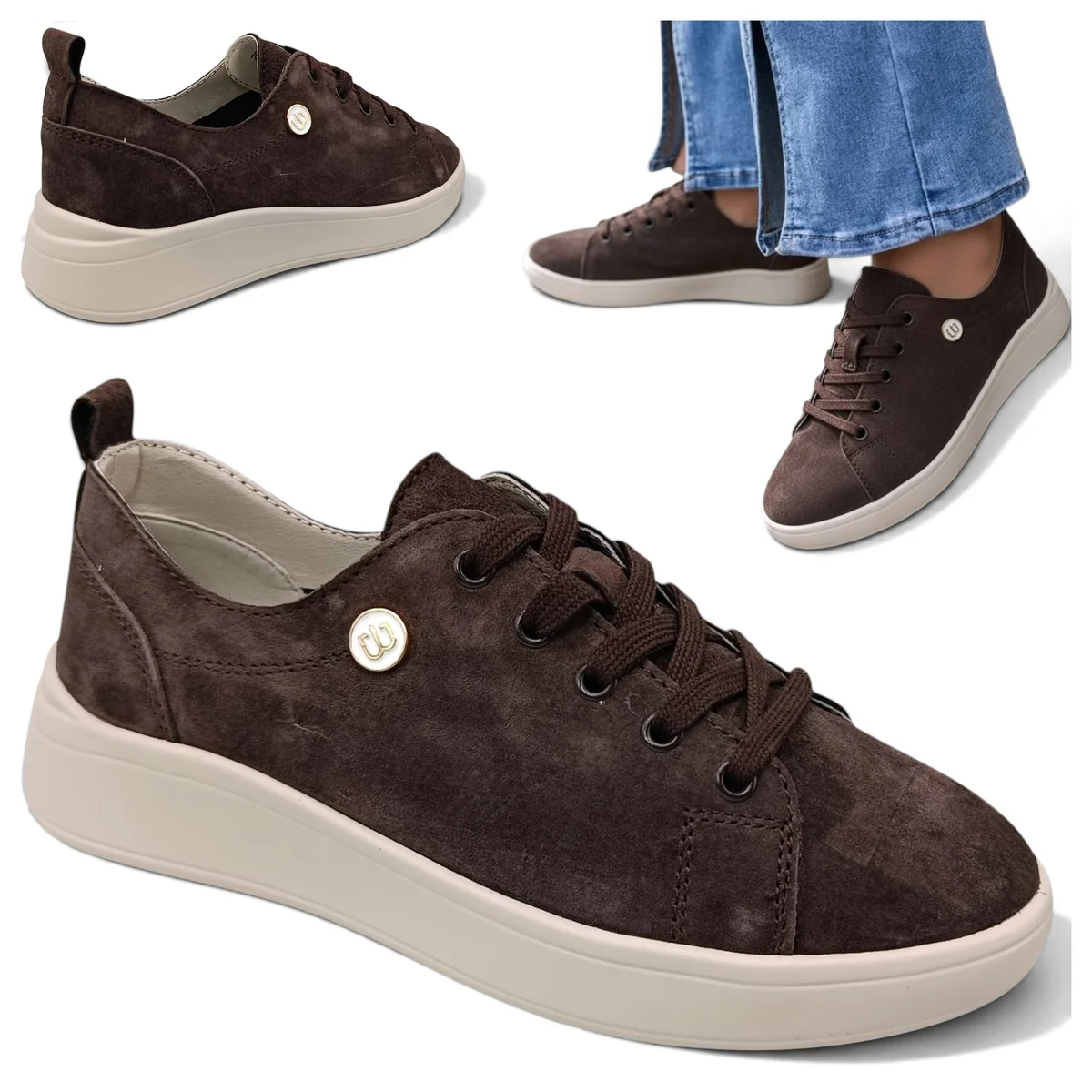 Sneakersy Damskie SKÓRZANE Wygodne Półbuty Brąz Płaskie Vinceza Modne 38