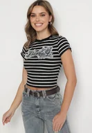 Koszulki i topy damskie - Czarno-Biały Bawełniany T-shirt w Paski z Jeansową Naszywką i Napisem Velviola - miniaturka - grafika 1