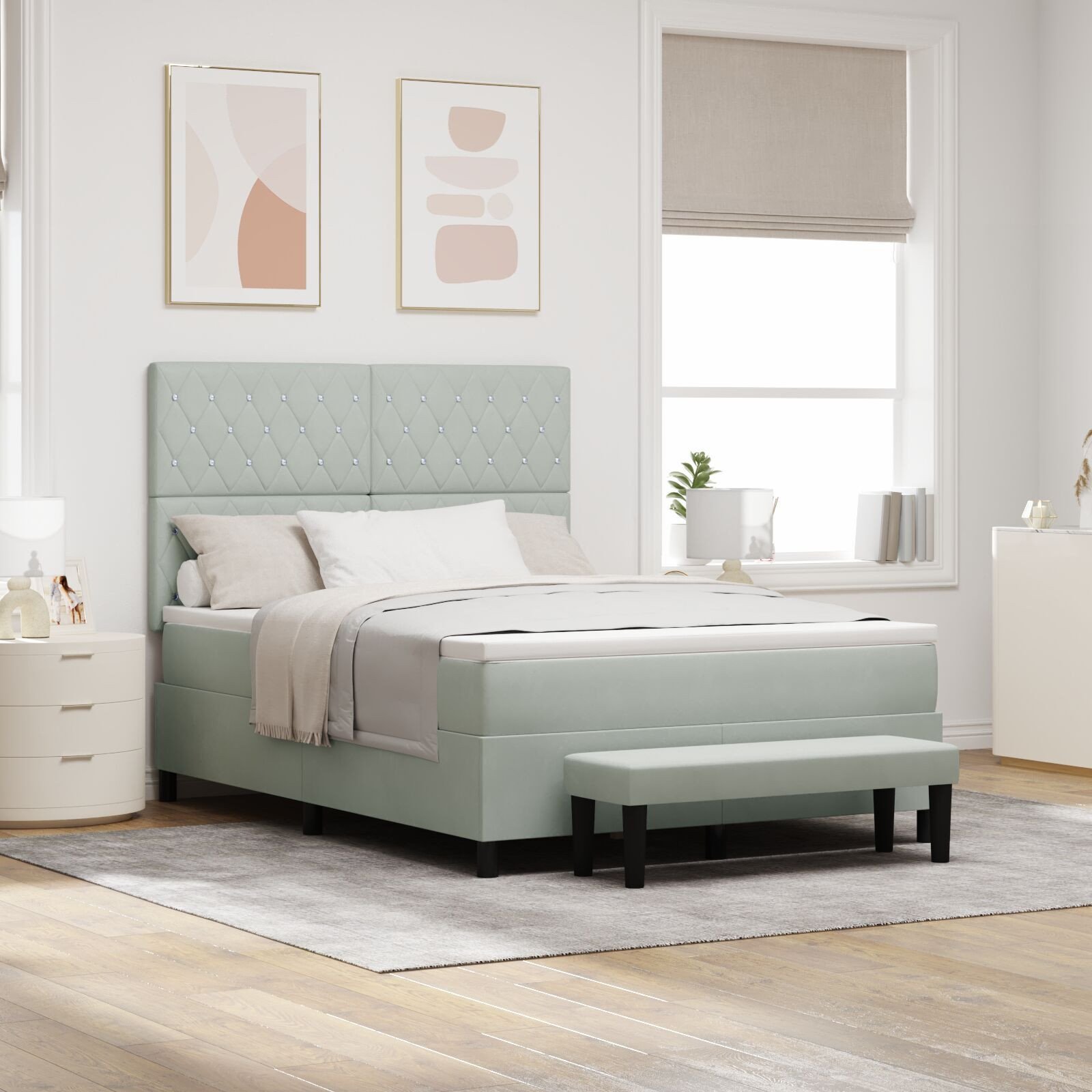 vidaXL Łóżko ze skrzynią sprężynową z materacem i ławką jasnoszary 160x200 cm Aksamit