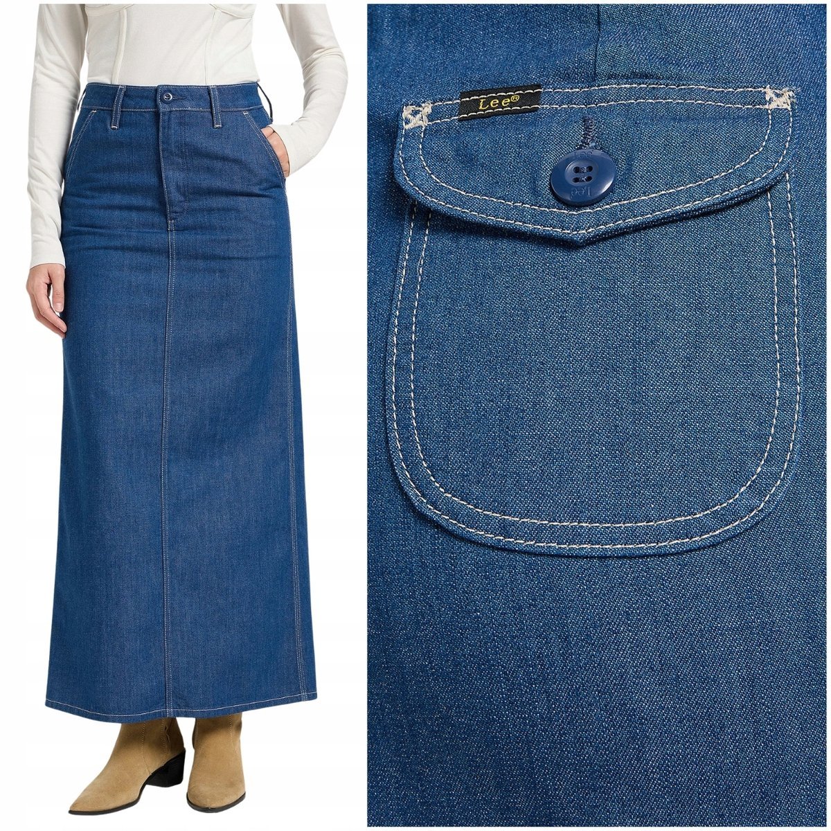 Lee Flap Pocket Maxi Skirt długa jeansowa spódnica rozcięcie z tyłu W30
