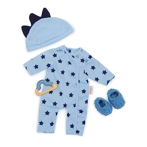 LullaBaby LBY7643Z Ubranie dla lalek 36 cm dla lalek – piżama, śpioszki, czapka, gryzak, puszyste kapcie – akcesoria dla lalek – zabawka dla dzieci od 2 lat – niebieskie gwiazdki, wielokolorowe