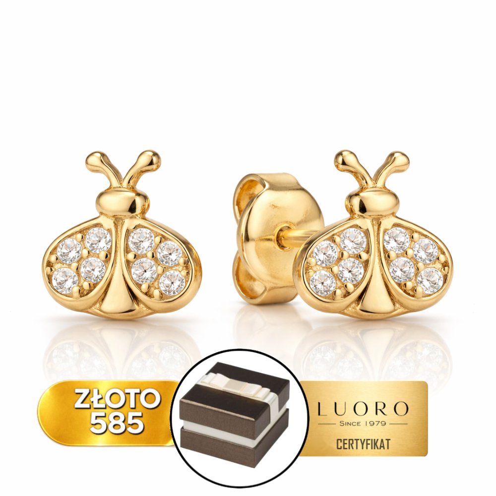 KOLCZYKI ZŁOTE 585 14K BIEDRONKA Z CYRKONIAMI SZTYFT 0,6 CM ELEGANCKIE