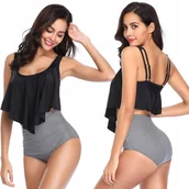 Stroje kąpielowe - STRÓJ KĄPIELOWY CZARNY KRATKA DUŻA FALBANKA M - miniaturka - grafika 1