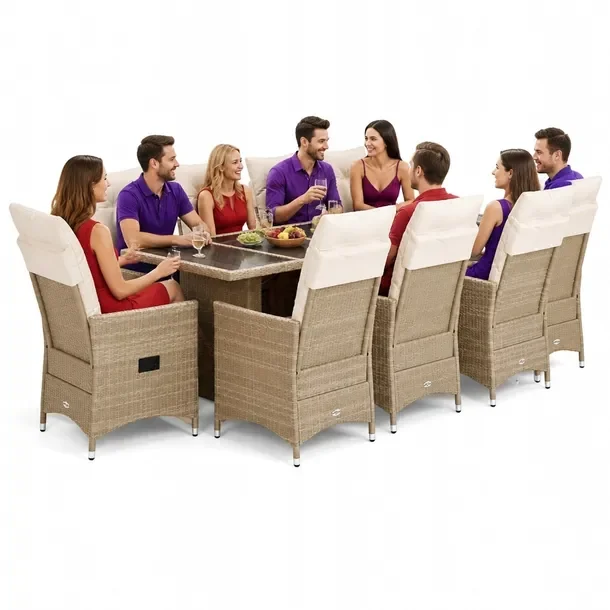 Zestaw bistro ogrodowy beżowy z 10 krzesłami i stołem 240x90x75 cm