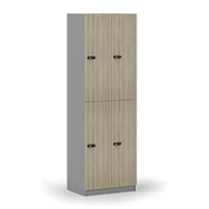 Szafki biurowe - Drewniana szafka skrytkowa, 4 schowki, zamek mechaniczny z kodem, szary/dąb naturalny - miniaturka - grafika 1