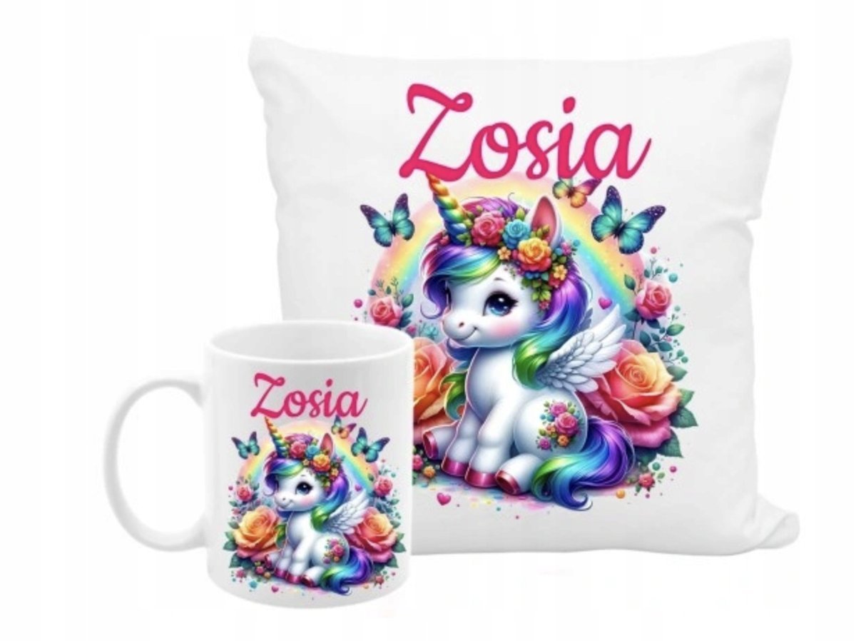 ZESTAW PODUSZKA + KUBEK Prezent JEDNOROŻEC UNICORN + IMIĘ 8