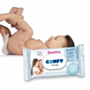 CHUSTECZKI NAWILŻANE CONFY SENSITIVE 99% CZYSTEJ WODY Z KLIPSEM 70 SZT - Chusteczki nawilżane - miniaturka - grafika 1