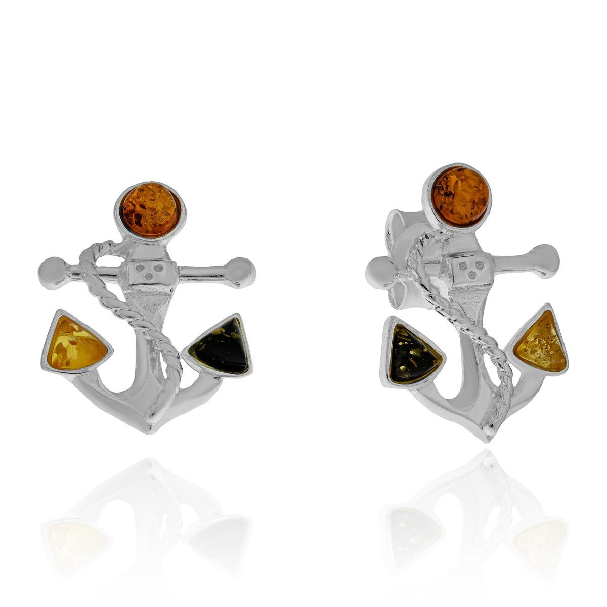 Srebrne kolczyki z bursztynem sztyft kotwica pr. 925