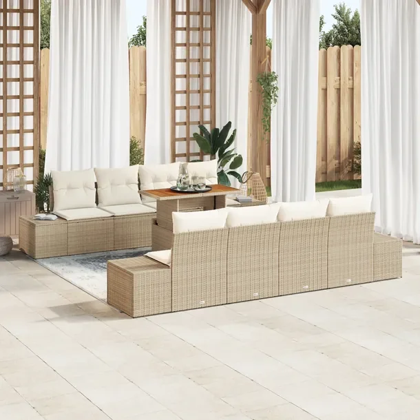 Elegancki 9-częściowy zestaw do jedzenia w ogrodzie, beżowy, rattan
