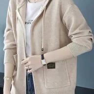 Swetry damskie - TEMU Elegancka Damska Kurtka Kardigan z Kapturem – Ciepły Płaszcz Zimowy z Regulowanym Kapturem i Dopasowanym Kołnierzem, Długi Rękaw, Blazer na - miniaturka - grafika 1