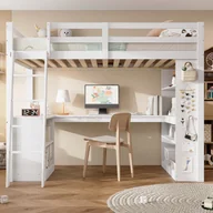 Łóżka dla dzieci i młodzieży - Łóżko piętrowe 90x200cm - z biurkiem - z półką - z drabinką bezpieczeństwa - lite drewno + MDF - białe (bez materaca) - miniaturka - grafika 1