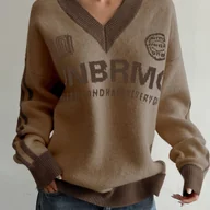 Swetry damskie - TEMU Sweter Damski Vintage - Sweter z Dekoltem w Serek i Opadającymi Rękawami, Brązowy/Los Fit Streetwear na Jesień/Zimę, Casualowe Stylizacje, Retro - miniaturka - grafika 1