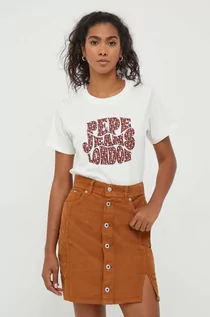 Koszulki sportowe damskie - Pepe Jeans t-shirt bawełniany Claritza kolor beżowy - grafika 1
