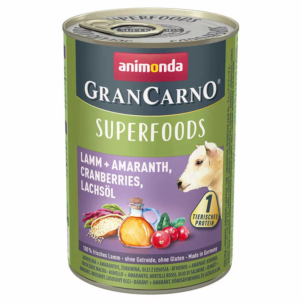 Animonda GranCarno Adult Superfoods, 6 x 400 g - Jagnięcina, amarantus, żurawina, olej z łososia