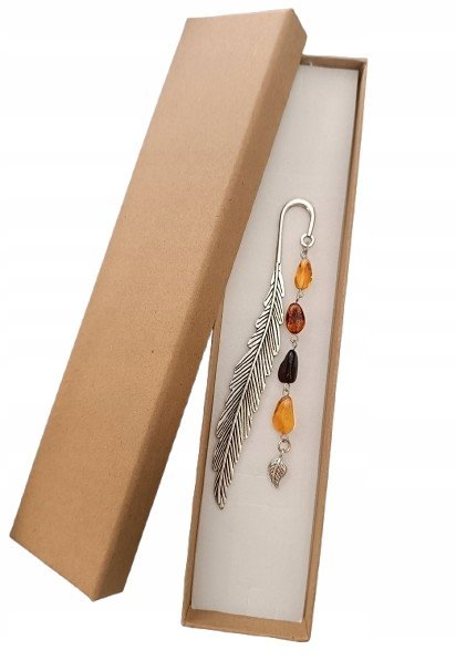 NIEPOWTARZALNA ZAKŁADKA DO KSIĄŻKI Z BAŁTYCKIM BURSZTYNEM LIŚĆ + PUDEŁKO