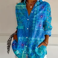 Koszule damskie - TEMU Koszula Damska z Długim Rękawem na Codzień w Żywe Niebieskie Wzory Kwiatowe, Kołnierzyk, Możliwość Prania w Pralce, Uniwersalna na Każdą Porę - miniaturka - grafika 1