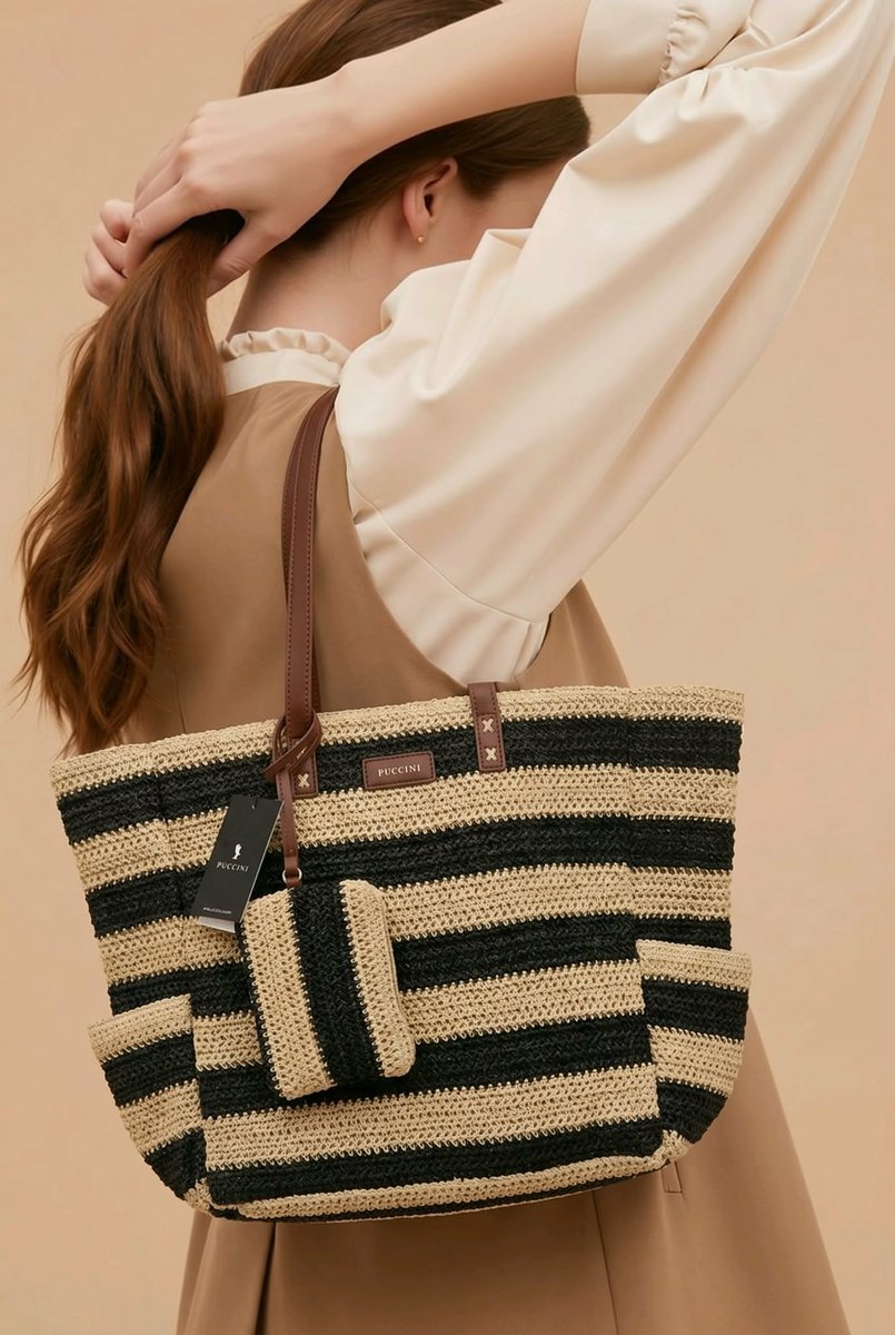 TOREBKA PLAŻOWA PLECIONA PUCCINI Z PORTFELEM CZARNO BEŻOWA DUŻA WYMIARY: 53 CM x 37 CM x 15CM