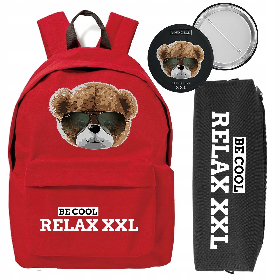 ZESTAW PLECAK CZERWONY PIÓRNIK PRZYPINKA BE COOL RELAX MIŚ MŁODZIEŻOWY