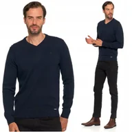 Swetry męskie - Elegancki Sweter Męski Klasyczny Prosty Krój Dekolt w Serek MORAJ L - miniaturka - grafika 1